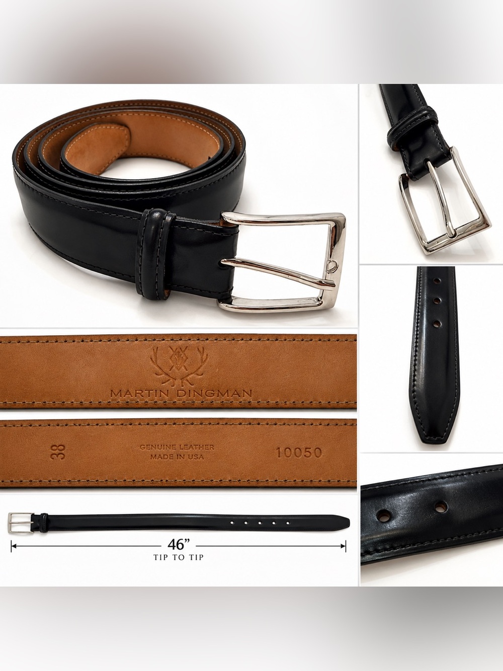 Martin Dingman Black Leather Belt Men’s Size 38 Silver Buckle Made in USA